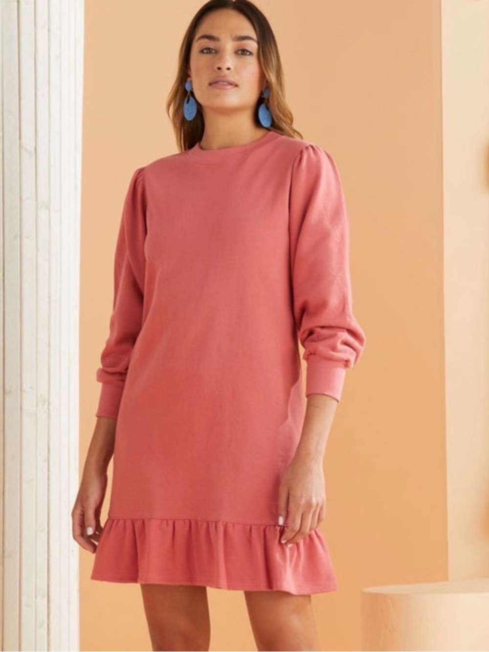 Marie Oliver Blue/Gray Ruffle-Hem Long Sleeve Mini Dress